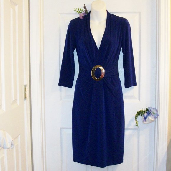 BOSTON PROPER Sz 8 Purple Stretch Dress w/ Gold Buckle Below Knee Length - Picture 1 of 9